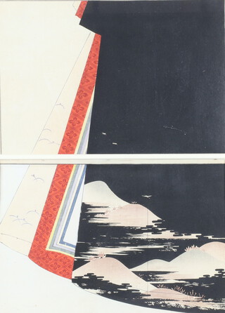 Kaigai Tennen, a Japanese woodblock print, study of 3 gowns, 2 framed as 1 45cm x 32cm 