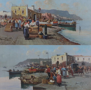 20th Century watercolours indistinctly signed, Italian coastal scenes with figures 19cm x 38cm 