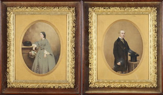 A pair of Victorian over painted prints of a lady and gentleman, oval, contained in fancy gilt frames 19cm x 14cm  