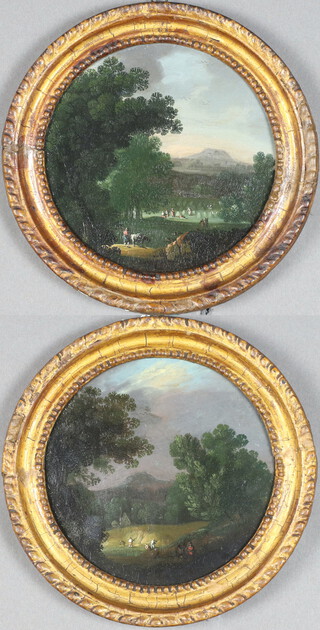 A pair of 19th Century Continental oils on metal unsigned, rural scenes with figures and distant hills 15cm 