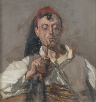 E S S, oil on board monogrammed, study of a Continental gentleman smoking a pipe 17cm x 16cm