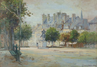 Ernest Walbourne ?, oil on board signed, street scene with military statue 33cm x 49cm  