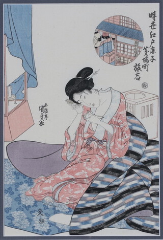 Goyo, Japanese woodblock print of a lady on a balcony 27cm x 18cm 