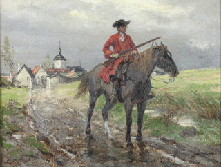 19th Century, oil on canvas, soldier on horseback in Continental landscape, 21cm x 29cm 