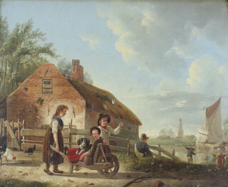 19th Century Continental oil on panel unsigned, figures before a river bank with dog, child and wheelbarrow, chickens and hens and fishing boat, distant town, 24cm x 29.5cm 