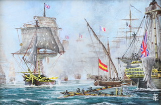 Trevor L Young, oil on board monogrammed, miniature maritime study HMS Pompee at The Battle of Algeciras off Gibraltar July 1801, 8cm x 12cm 