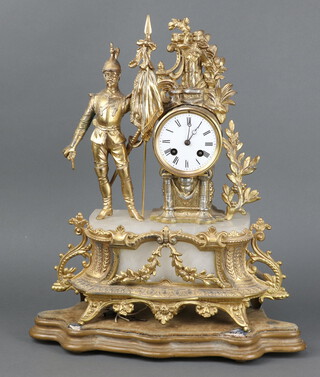 A 19th Century French mantel clock with enamelled dial Roman numerals, contained in an alabaster and gilt spelter case supported by a figure of a soldier, the back plate marked 485, complete with key and pendulum 46cm x 35cm x 11cm 
