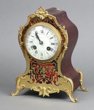 Mappin & Webb, a striking on gong mantel clock with 9cm enamelled dial, Roman numerals and marked Mappin & Webb, contained in a red boulle shaped case, complete with pendulum (no key) 25cm h x 18cm ww x 11cm d 