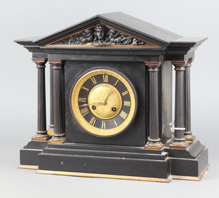 Dimmer, a 19th Century mantel clock contained in a marble architectural case, the back plate marked RACK 30cm h x 37cm w x 15cm d, complete with pendulum and key 
