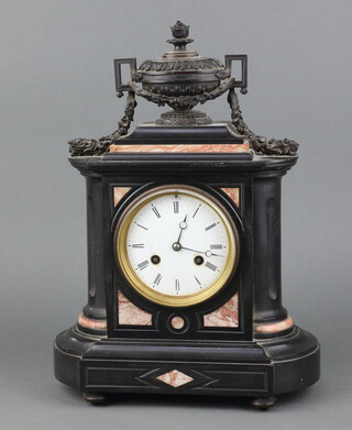 A 19th Century French 8 day mantel clock with enamelled dial Roman numerals contained in a 2 colour marble architectural case surmounted by a metal lidded urn, the back plated marked JBD 36cm h x 24cm w x 11cm d, complete with pendulum, no key 