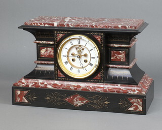 J Marty, a French 8 day striking mantel clock with visible escapement contained in a 2 colour marble case, the porcelain dial marked H A Marc Paris, the back plate marked 56952 H A Marc, complete with pendulum and key 26cm h x 40cm w x 17cm d 