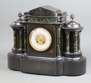 A French 19th Century 8 day striking mantel clock with enamelled dial, Roman numerals contained in a black marble architectural case, complete with pendulum, no key 38cm h x 46cm w x 17cm d 