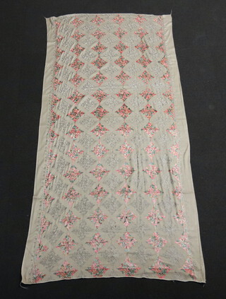 A cream and floral embroidered rectangular shawl/panel 244cm x 104cm 