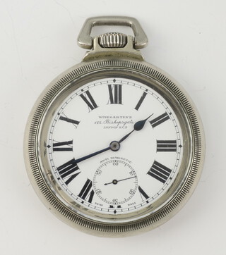 A silver plated cased mechanical pocket watch the dial inscribed Windgartens 145 Bishops Gate London EC2 with seconds at 6 o'clock, the reverse inscribed Driver L W J Pitt, 5th 92, Mum and Dad, inscribed Windgartens Railway Regulator 55mm diam. 