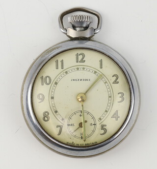 An Art Deco steel cased mechanical pocket watch the dial inscribed Ingersoll, the seconds at 6 o'clock, contained in a 50mm case 