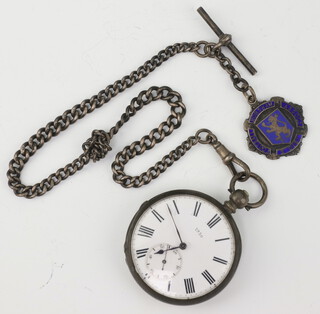 A silver key wind pocket watch the dial inscribed 7950 with seconds at 6 o'clock on a silver Albert with fob 35 grams 
