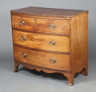 A 19th Century crossbanded mahogany bow front chest of 2 short and 3 long drawers with replacement drop handles, raised on bracket feet 90cm h x 101cm w x 51cm 