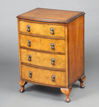 A Queen Anne style quarter veneered  figured walnut bow front chest of 4 drawers, raised on cabriole supports 74cm h x 51cm w x 50cm d  