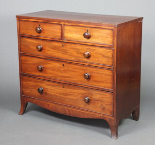 A 19th Century mahogany chest of 2 short and 3 long drawers with tore handles, raised on outswept bracket feet 102cm h x 111cm w x 51cm d 