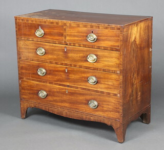 A 19th Century crossbanded mahogany chest of 2 short and 3 long drawers with brass drop handles, raised on splayed bracket feet 94cm high 106cm wide 51cm deep