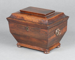 A Georgian rosewood twin compartment tea caddy of sarcophagus form with hinged lid and ring drop handles to the sides, raised on bun feet 19cm h x 25cm w x 17cm d  