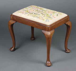 A Queen Anne style rectangular walnut dressing table stool with Berlin woolwork seat raised on cabriole supports 45cm h x 57cm w x 41cm d 