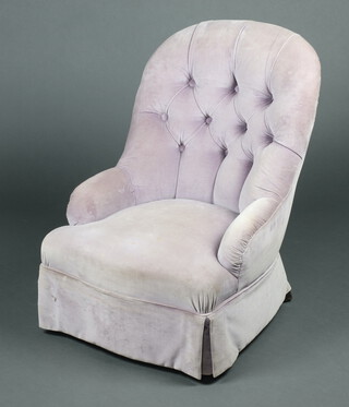 A Victorian metal framed nursing chair upholstered in buttoned purple material, raised on turned supports 72cm h x 52cm w x 45cm d (seat 23cm x 30cm) THIS LOT IS WITHDRAWN FROM THE AUCTION 