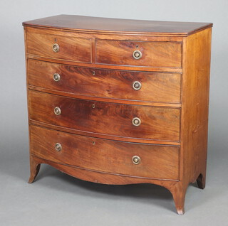 A 19th Century mahogany bow front chest of 2 short and 3 long drawers raised on splayed bracket feet 105cm h x 105cm w x 51cm d 