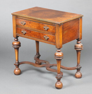 A 1930's Queen Anne style quarter veneered figured walnut side table fitted 2 frieze drawers, raised on cup and cover supports with X framed stretcher, raised on bun feet 64cm h x 60cm w x 36cm d 