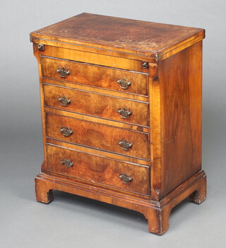 A Queen Anne style walnut quarter veneered and crossbanded bachelor's chest fitted 4 drawers, raised on bracket feet 77cm h x 61cm w x 38cm d  