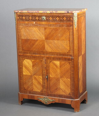 A 19th/20th Century French inlaid Kingwood escritoire with pink veined marble top, the fall front revealing a well fitted interior with drawers and shelf, the base fitted a cupboard with 2 trays enclosed by panelled doors 134cm h x 95cm w x 43cm d 