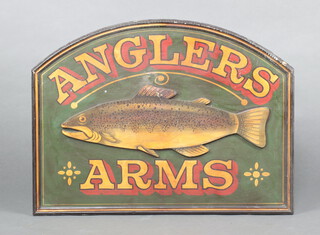 An arch shaped reproduction wooden painted advertising/pub sign - Anglers Arms, decorated a trout 61cm x 81cm (small section of timber missing to left hand edge) 