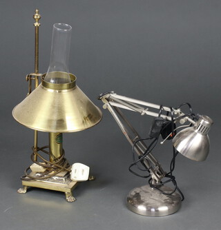 A brushed metal anglepoise lamp and an electric table lamp in the form of an oil lamp 