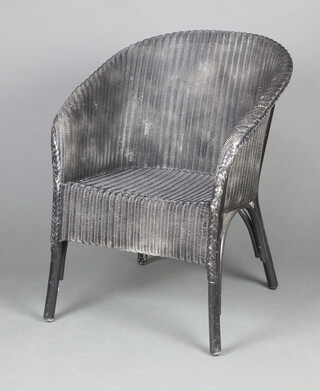 A Lloyd Loom black painted chair 65cm h x 53cm w x 45cm d (wear to front rail) 