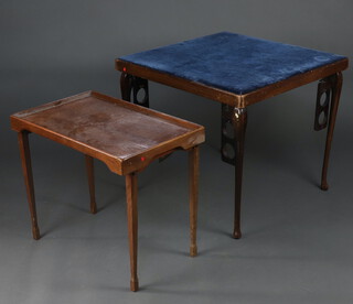 A beech framed folding bridge table with blue baise top 69cm h x 77cm w x 77cm d, together with a rectangular folding tray table 58cm x 69cm x 43cm 