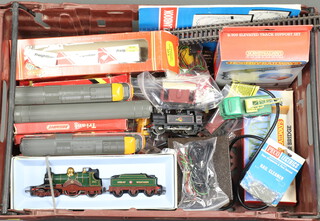 A Gaugemaster N/00 Series D power unit, a Hornby Intercity 125 double headed locomotive and carriage, a Hornby Dublo tank engine, ditto Great Western locomotive and tender together with various rolling stock 