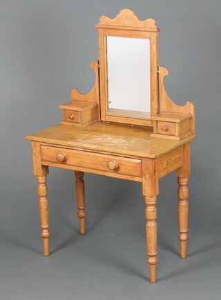 A Victorian style pine dressing table with rectangular plate mirror, fitted glove drawers above 1 long drawer, raised on turned supports 129cm h x 84cm w x 44cm d (water and contact marks in places)