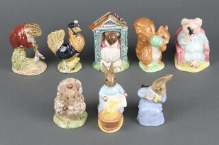 Six Royal Albert Beatrix Potter figures - Toamasina Tittle-mouse, Cecily Parsley, Miss Dormouse, Cottontail, Sally Henny Penny, Mr Jeremy Fisher Digging, Little Pig Robinson Spying and Squirrel Nutkin, all 10cm 