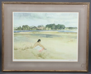 sir William Russell Flint, a coloured print signed in pencil, study of a semi-clad lady sitting on a river bank 47cm x 63cm (there is damp damage to the mount) 