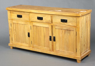 A hardwood sideboard fitted 3 drawers above triple cupboard, raised on square supports 86cm h x 161cm w x 45cm d (ring and contact marks in places) 