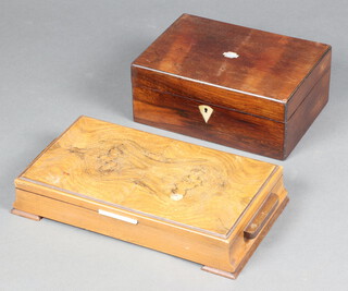 A Victorian rosewood box with hinged lid and mother of pearl escutcheon 11cm h x 37cm w x 20cm d and a rectangular Art Deco walnut veneered box with hinged lid 7cm x 37cm w x 20cm d 