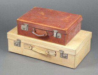 A parchment suitcase with chrome locks 21cm x 71cm x 39cm together with a leather suitcase with chrome locks 15cm x 50cm x 36cm (some scuffing to leather and damage to side of 2nd case) 
