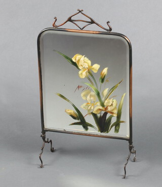 An Edwardian arch shaped, copper and bevelled mirrored glass fire screen  with painted floral decoration 
