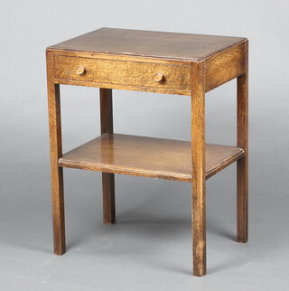 A rectangular oak 2 tier side table fitted a drawer with turned handles 68cm h x 53cm w x 38cm d 