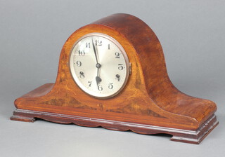 An Edwardian 8 day chiming mantel clock with silver dial and contained in an inlaid mahogany Admiral's hat shaped case 30cm h x 55cm w x 17cm d, complete with key but no pendulum