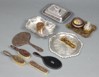 A rectangular silver plated entree dish and cover, silver plated salver, cake basket, simulated tortoiseshell dressing table set, etc 