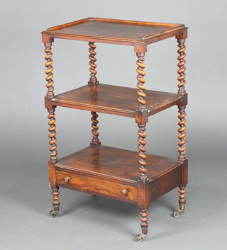 A Victorian rosewood 3 tier what-not raised on spiral supports, the base fitted a drawer 99cm h x 60cm w x 41cm d 