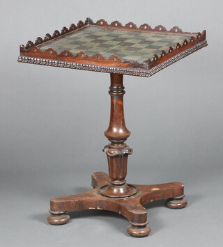 A William IV square rosewood chess table with bead work top, raised on turned column and tripod base 80cm x 61cm x 59cm 