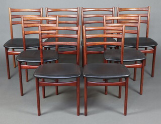 Skovby, a set of 8 rosewood ladder back dining chairs by Skovby, upholstered in black rexine 85cm h x 46cm w x 46cm d, supplied with a Cites Article 10 certificate, reference No. 24GBA1012N6S4