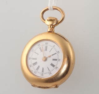 A lady's yellow metal 18k fob watch with engraved monogram and enamelled dial, the movement engraved Le Coultre & Co, contained in a 25mm case, 13.7 grams 